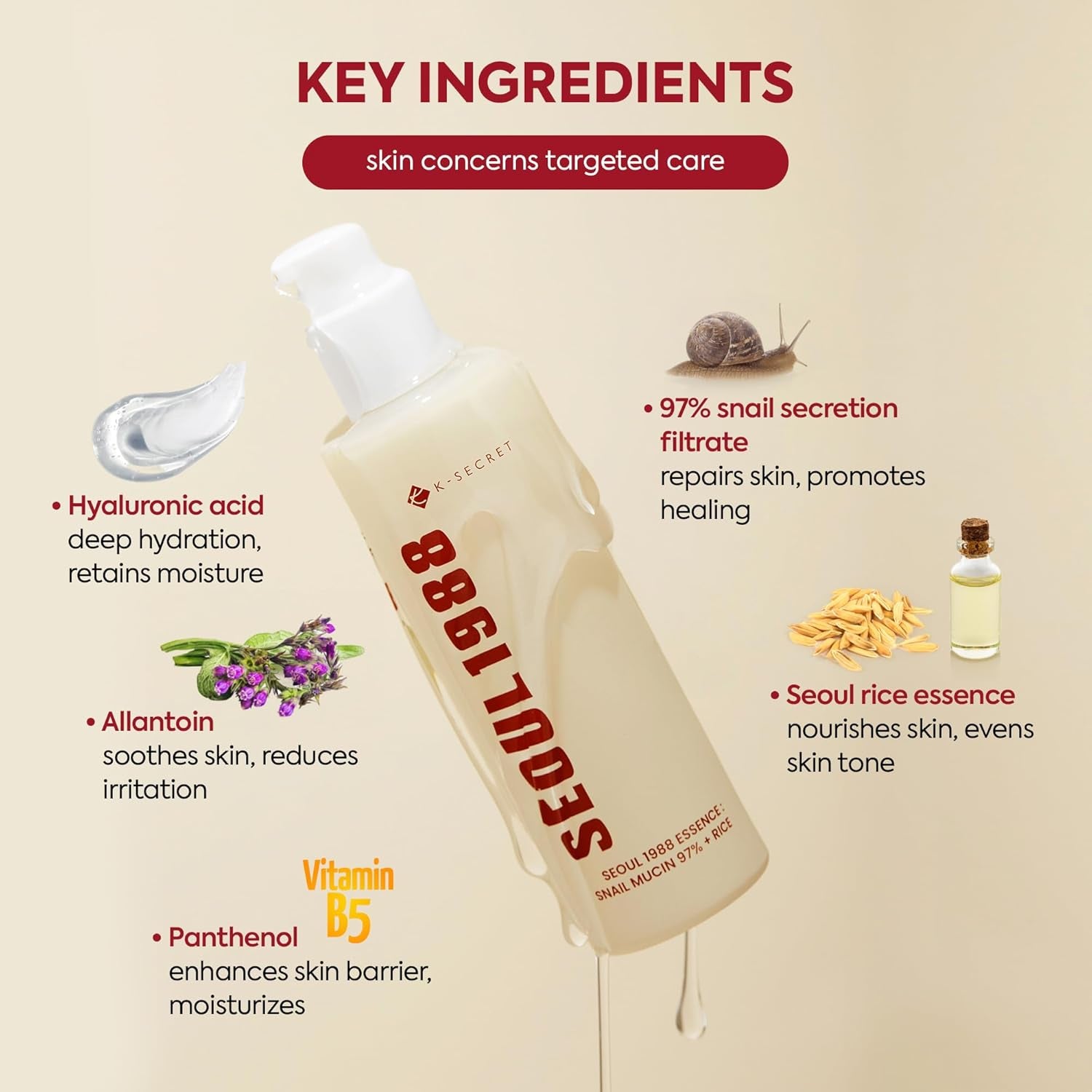 SEOUL 1988 Essence : Snail Mucin 97% + Rice, 100Ml/3.38Fl.Oz. | 97% Snail Secretion with Rice Ferment Filtrate and Rice Extract for Skin Hydration, Soothing | Korean Skincare |